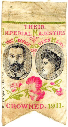 woven favour or bookmark, with words and image of Their Imperial Majesties King George V & Queen Mary
