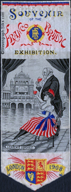 Bookmark with words and image of typical French lady seated, and typical English man stood, both drinking wine