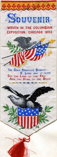 same bookmark with words and images of eagles and flags, but with missing woven line