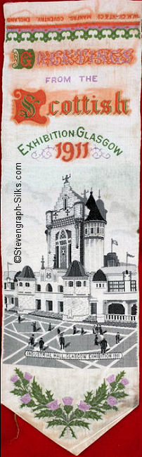 Bookmark with title words, and image of the Industrial Hall, Glasgow Exhibition, 1911
