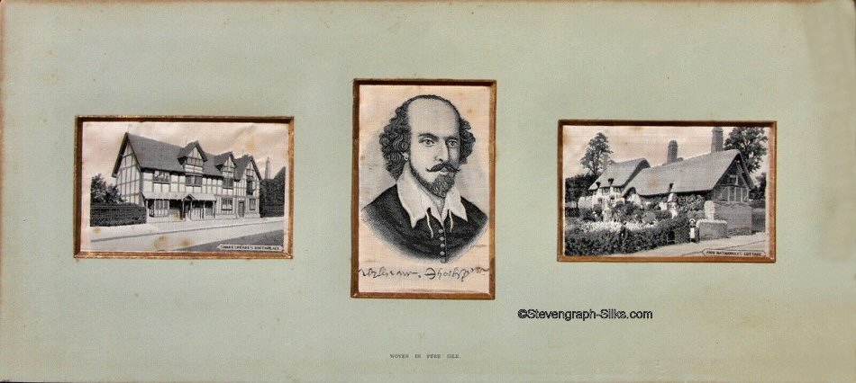 Three silk pictures in one frame, with titles woven on each silk, being 'Shakespeare's birthplace', 'William Shakespeare' portrait, and 'Ann Hathaway's Cottage'