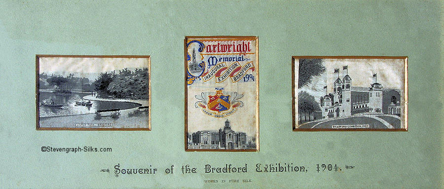 Three silk pictures in one frame, with title printed below, and comprising individual silks of 'Lister Park, Bradford', 'Cartwright Memorial', and 'Bradfrd Exhibition' building