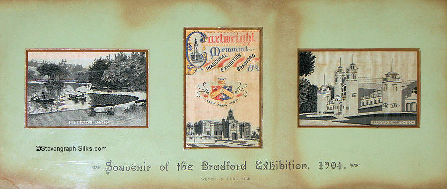 Three silk pictures in one frame, with title printed below, and comprising individual silks of 'Lister Park, Bradford', 'Cartwright Memorial', and 'Bradfrd Exhibition' building