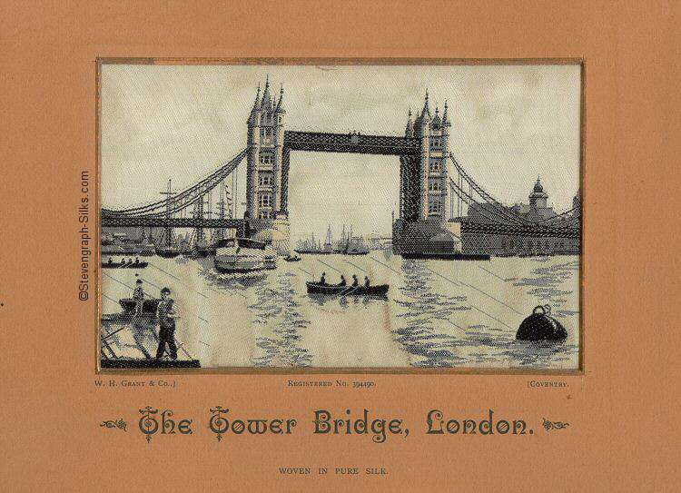 View of Tower Bridge, London, with the roadway raised to allow large boats through.