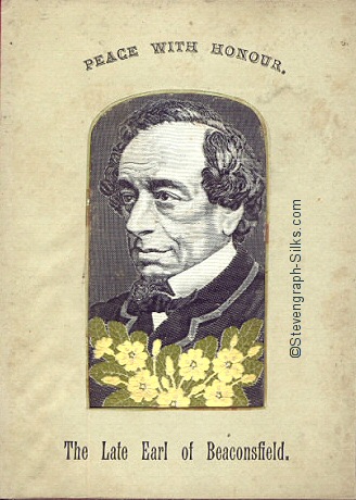 Portrait image of The Late Earl of Beaconsfield (Disraeli), mounted in smaller sized card