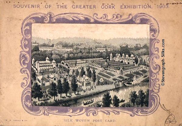 silk postcards with title words and image of the exhibition buildings