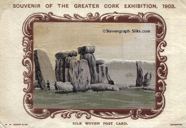 silk postcards with title words and image of Stonehenge