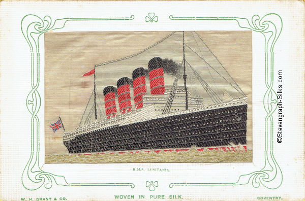 Colour image of ship, with flags on both rear masts
