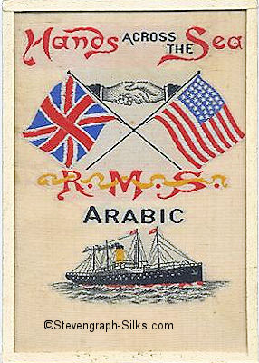 Colour image of crossed British and American flags, image of ship and RMS Arabic name