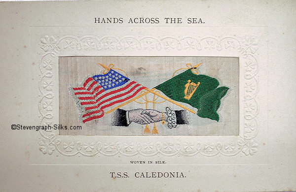 woven image of USA and Irish flags, with Hands Across the Sea printed above silk, and ships name printed below silk