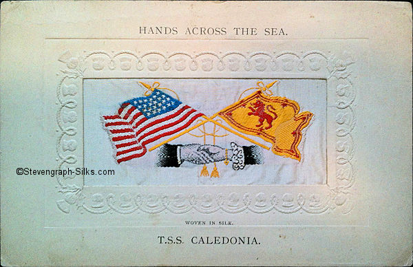 woven image of USA and Scottish flags, with Hands Across the Sea printed above silk, and ships name printed below silk