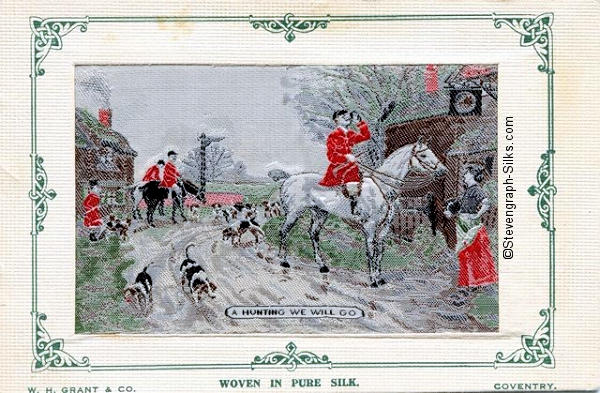 Image of red coated fox hunter sitting on a horse, taking a refreshing drink at a pub, with other hunters, horses and hounds in the background