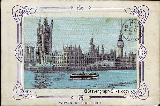 colour image of Houses of Parliament and boat on the River Thames - but no title woven on silk