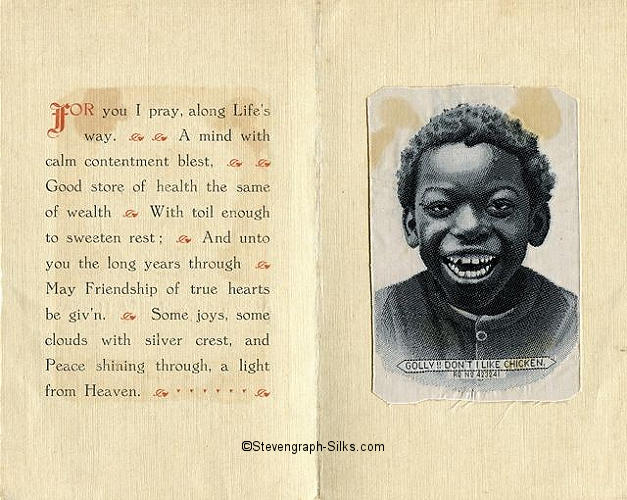 inside pages of this 1923 Grant Christmas card, with motto on one leaf and silk on the other