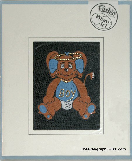 J & J Cash's greetings card with image of cute animal toy with BOY woven into the design