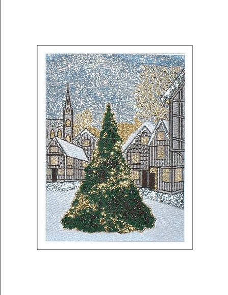 J & J Cash woven Christmas card, with no words, with primary image of a Christmas Tree, but titled: VILLAGE
