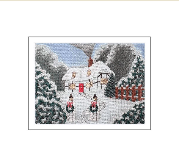 J & J Cash woven Christmas card, with no words, but titled: COTTAGE