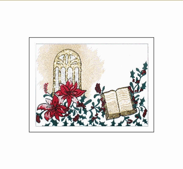 J & J Cash woven Christmas card, with no words, of a window, together with a book, holly and flowers, and titled: WINDOW