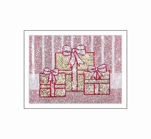 J & J Cash woven Christmas card, with no words, with image of three parcels, or Gift Boxes, and titled: GIFTS