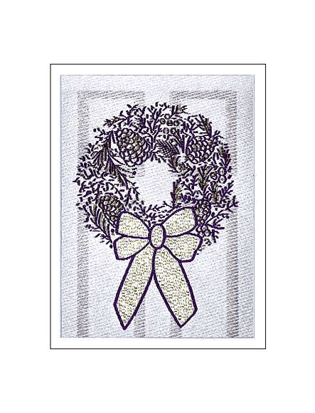 J & J Cash woven Christmas card, with no words, with image of a Christmas wreath, and titled: WREATH