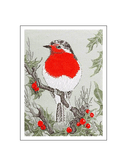 J & J Cash woven Christmas card, with no words, with image of a robin on a holly branch, and titled: ROBIN