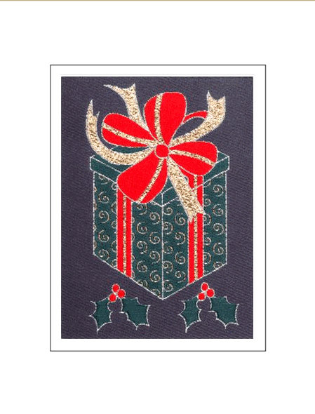 J & J Cash woven Christmas card, with no words, with image of a parcel, or Gift Box, and titled: GIFT BOX