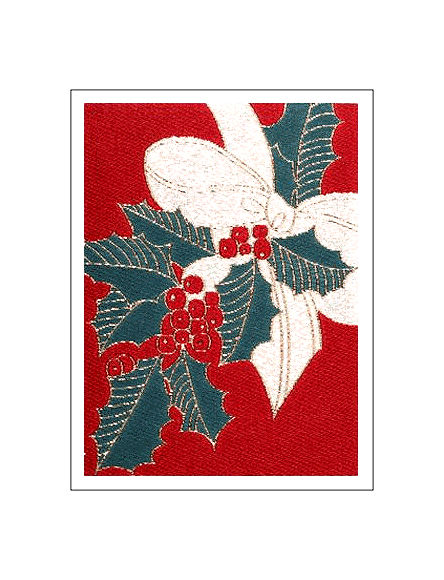 J & J Cash woven Christmas card, with no words, with image of holly with a white ribbon, and titled: HOLLY