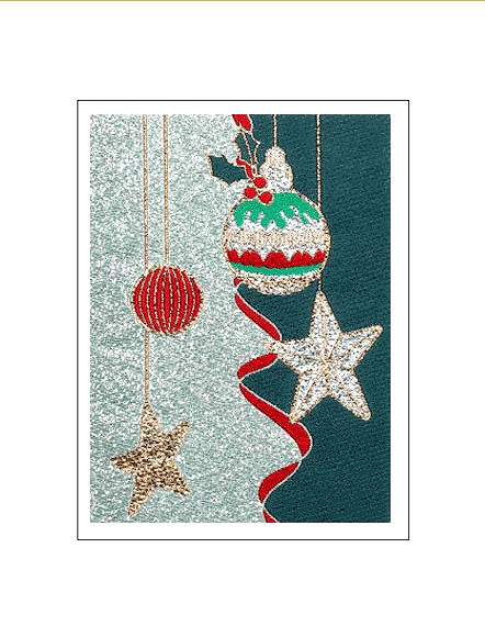J & J Cash woven Christmas card, with no words, with image of contemorary decorations, and titled: DECORATIONS
