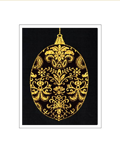 J & J Cash woven Christmas card, with no words, with image of a gold coloured Christmas tree decoration, and titled: BAUBLE