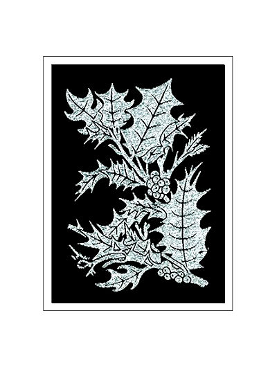 J & J Cash woven Christmas card, with no words, with image of a silver coloured contemporary holly leaves, and titled: HOLLY