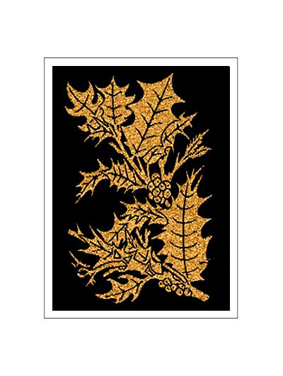 J & J Cash woven Christmas card, with no words, with image of a gold coloured contemporary holly leaves, and titled: HOLLY