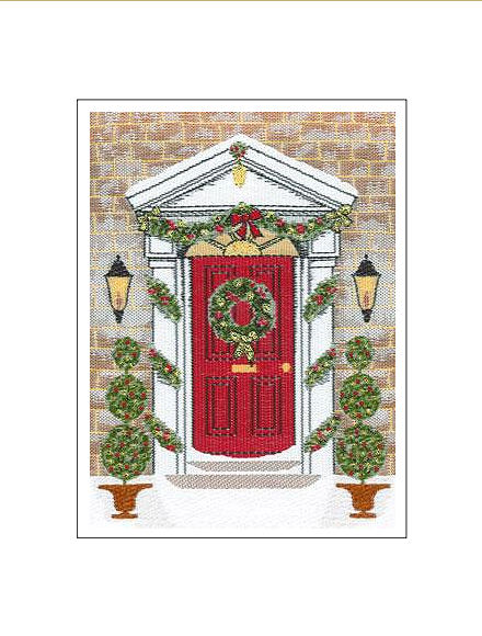 J & J Cash woven Christmas card, with no words, with image of a door with decorations, and titled: DOORWAY