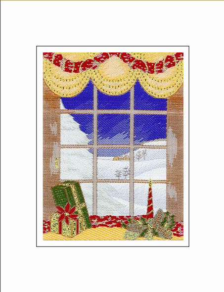 J & J Cash woven Christmas card, with no words, with view through a window, and titled: WINDOW SCENE