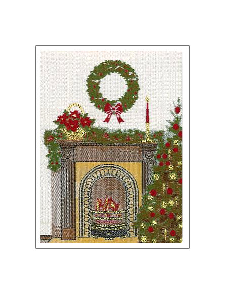 J & J Cash woven Christmas card, with no words, with image of a fire place with decorations, and titled: FIRESIDE