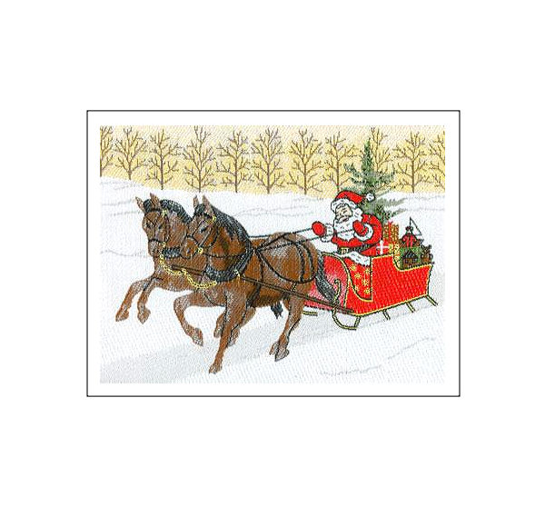 J & J Cash woven Christmas card, with no words, and scene of santa on a sleigh, and titled: SANTA ON SLEIGH