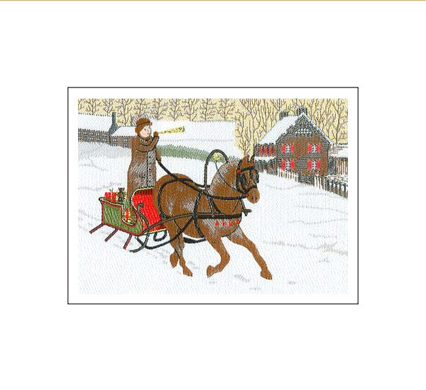 J & J Cash woven Christmas card, with no words, and scene of a sleigh being pulled by a horse, and titled: HORSE AND SLEIGH