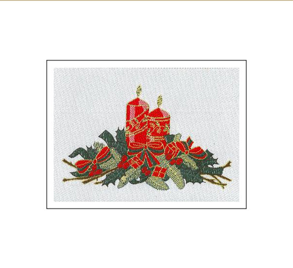 J & J Cash woven Christmas card, with no words, and scene of two candles and holly, and titled: CANDLES