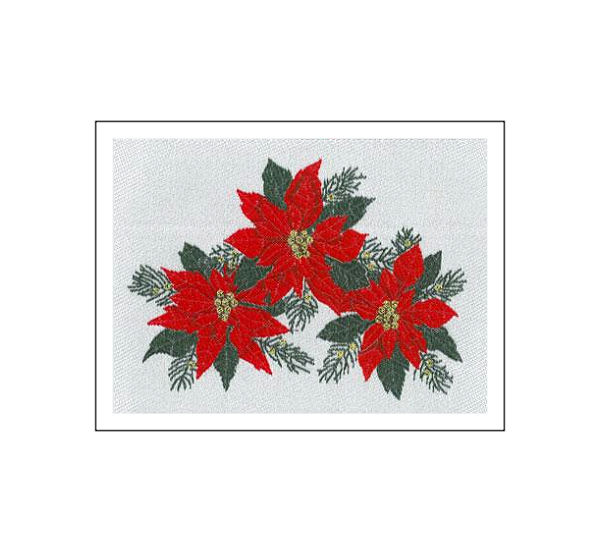 J & J Cash woven Christmas card, with no words, with image of a poinsettia flower, and titled: POINSETTIA