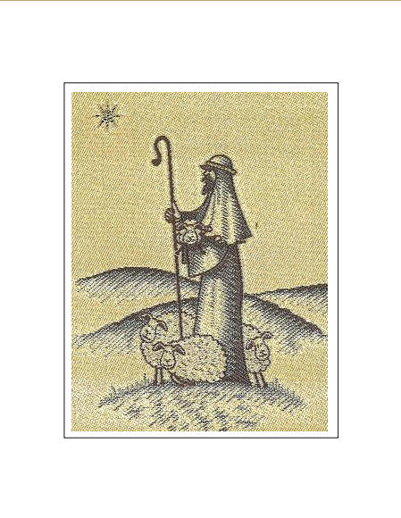 J & J Cash woven Christmas card, with no words, with image of a shepherd, sheep and star, and titled: SHEPHERD