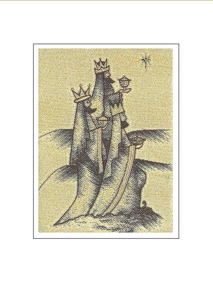 J & J Cash woven Christmas card, with no words, with image of the Three Wise Men carrying gifts and a star, and titled: THREE WISE MEN