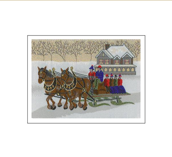 J & J Cash woven Christmas card, with no words, and picture of two horses pulling a sleigh, and titled: SLEIGH RIDE