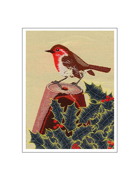 J & J Cash woven Christmas card, with no words, with image of a robin on a plant pot, and titled: ROBIN