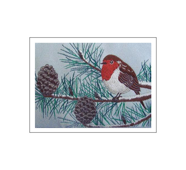 J & J Cash woven Christmas card, with no words, with image of a robin with pine cones, and titled: ROBIN WITH PINECONES