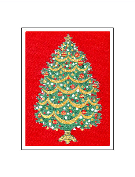 J & J Cash woven Christmas card, with no words, with image of a Christmas Tree with baubles, and titled: CHRISTMAS TREE - RED