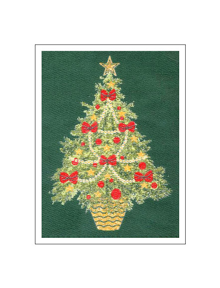 J & J Cash woven Christmas card, with no words, with image of a Christmas Tree with bows, and titled: CHRISTMAS TREE - GREEN