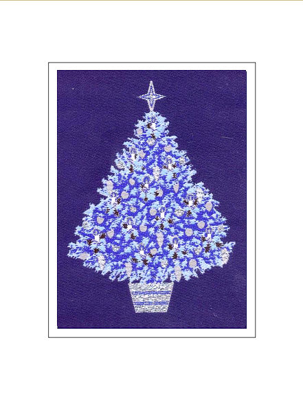 J & J Cash woven Christmas card, with no words, with image of a Christmas Tree with candles, and titled: CHRISTMAS TREE - BLUE