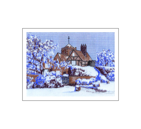 J & J Cash woven Christmas card, with no words, and snow scene of a Manor House, titled: MANOR HOUSE