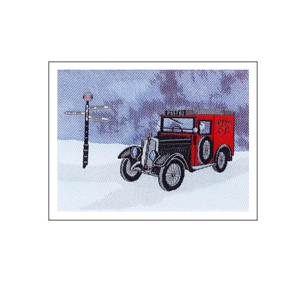 J & J Cash woven Christmas card, with no words, and image of an old post van in a snow scene, titled: POST VAN