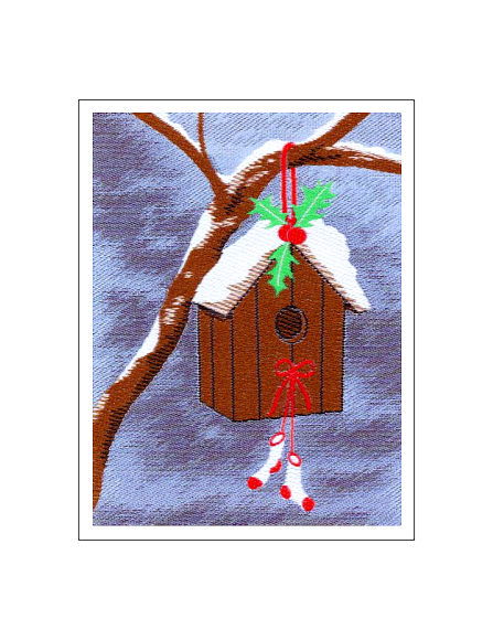 J & J Cash woven Christmas card, with no words, with image of a birds nestbox, with holly and stockings, and titled: NESTBOX