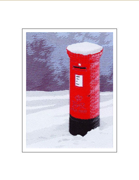 J & J Cash woven Christmas card, with no words, with image of a postbaoxin a snow scene, and titled: POSTBOX